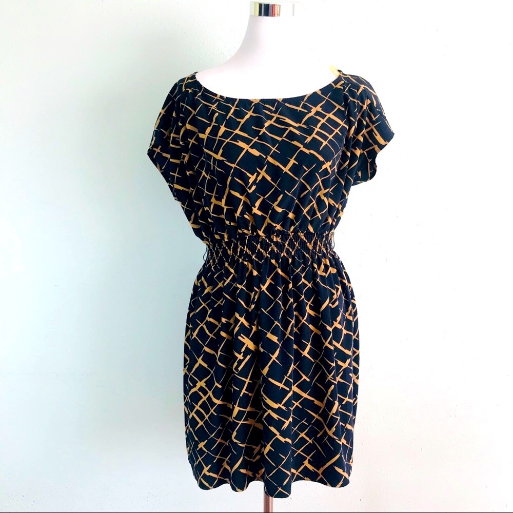 Navy and camel short sleeve midi dress